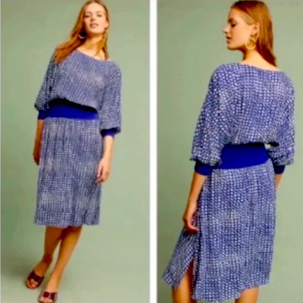 EUC MAEVE by Anthropologie Gemma Blue and White Geometric Print Dress Size S